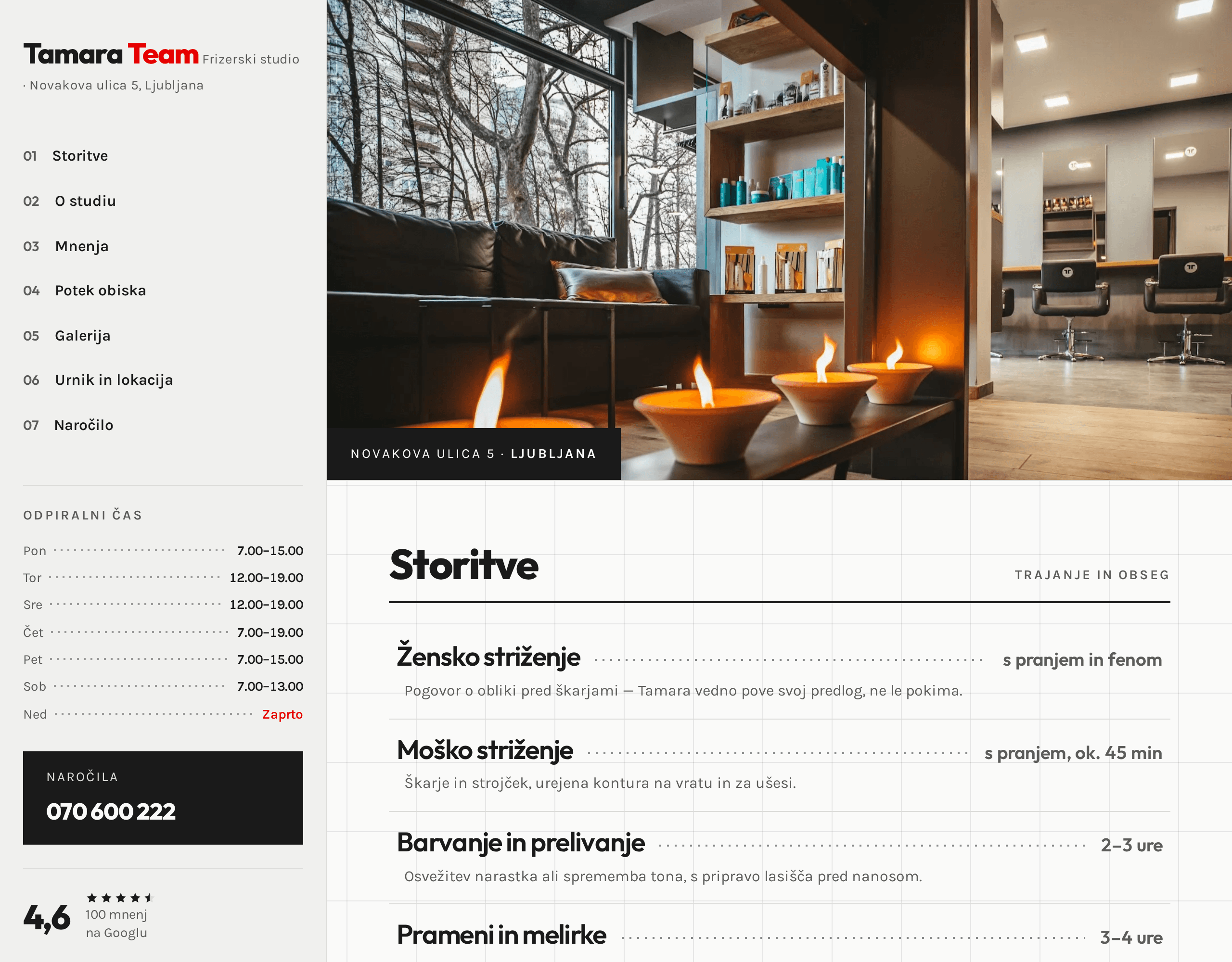 Spletna stran za Frizerski studio Tamara Team